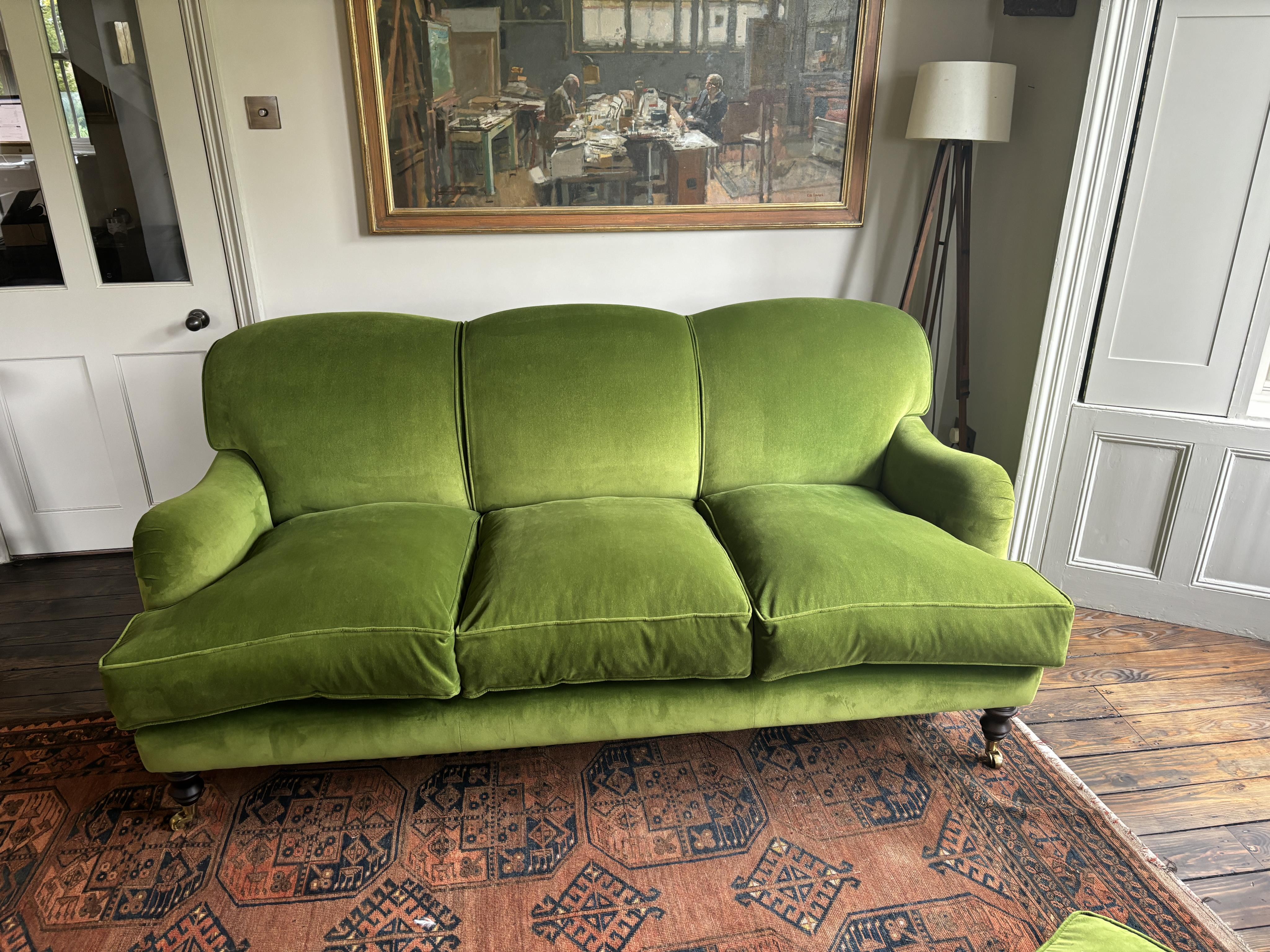 A Sofa Workshop 'Lady May' English roll arm green velvet four seater settee, Howard style sofa, seating generously feather filled, width 200cm, depth 110cm, height 84cm seat height 48cm. Condition - very good